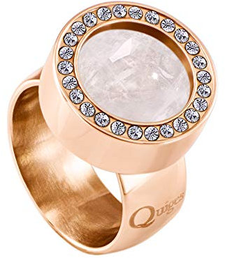 Quiges Shiny Rose Gold Stainless Steel Zirconia Ring 12mm Mini Coin Holder and Interchangeable Pink Rose Quartz Stone in Size 16