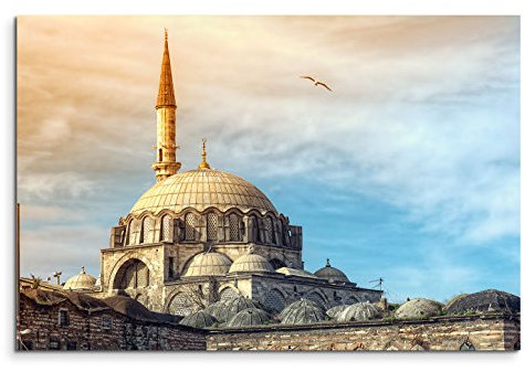 120x80cm Leinwandbild auf Keilrahmen Istanbul Yeni Cami Moschee Wolken Wandbild auf Leinwand als Panorama