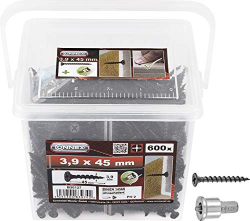 Connex Schnellbauschrauben 3,9 x 45 mm - 600 Stück - Mit Grobgewinde - Trompetenkopf - PH Phillips-Antrieb - Schwarz phosphatiert - Inkl. Tiefenstopp / Trockenbauschrauben / Schrauben-Eimer / B30127