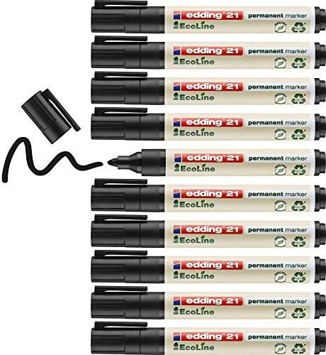 edding 21 Ecoline permanent marker - black - box of 10 - round tip 1.5-3 mm - waterproof, quick-drying, smear-proof pens - for cardboard, plastic, glass, wood, metal and fabric - refillable