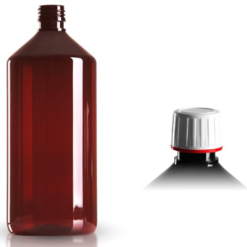 PET Flaschen 10 x 1000ml braun/Medizinflasche inkl. Originalitäts-Schraubverschluss OV weiss DIN 28 mit rotem Ring