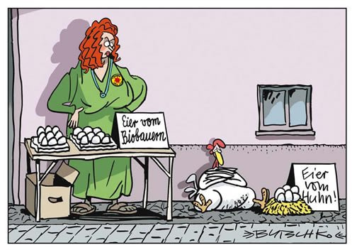 modern times Postkarte CARTOON - Motiv: EIER VOM BIOBAUERN, Anlass: Cartoon/Satire Fun, Künstler/Verlag: KÖPENICKER CG © BUTSCHKOW, Peter, Größe: A6