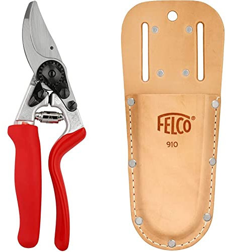 FELCO 7 Tijeras de podar con mango enrollable (corte ø 25 mm, longitud 210 mm, tijeras de podar para manos grandes) + Funda para tijeras de jardinería