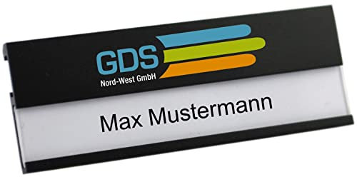 Aluminium Namensschilder schwarz, aus Metall, Größe 70x25 mm, mit Magnet und Nadel/Clipkombination, individuellem Logodruck, Farbdruck mit Ihrem Logo, Magnetbefestigung, Name Badge, Namensschild für Kleidung, selbstbeschriftbar, mit Ihrem Logo, Namensschildchen mit Magnet schwarz Leichtmetall eloxiert (500)