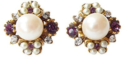 Dekorative Ohr-Clips weiße Perlen lila Amethiste kleine Strass-Steine Silber vergoldet Handarbeit Unikat Italien Antik-Look Retro Vintage elegant