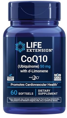 Life Extension Super-Absorbable CoQ10 (Ubiquinone) with d-Limonene, Heart Health Supplement, relieves General Fatigue, oxidative Stress Defense, 50 mg, Non-GMO, Gluten-Free, 60 softgels