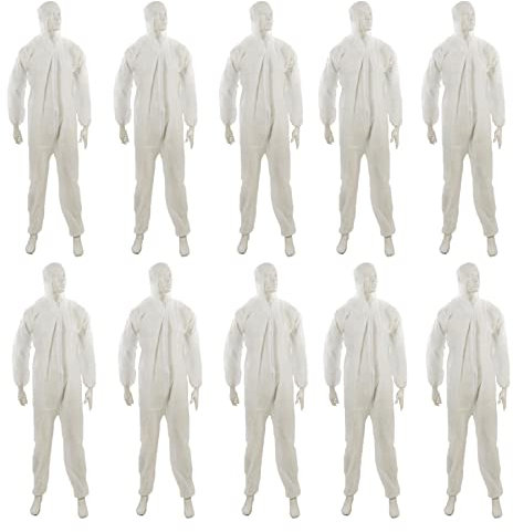 Dapetz ® Disposable Work Overall with Hood, Chemical Protection Hazmat Large 128cm 50 White Paper Coverall Suit, Industrial Safety Workwear For Men, Women 10 Pc