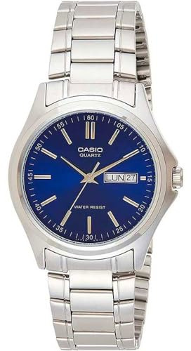 Casio Orologio da polso da uomo al quarzo classico cinturino in acciaio inox grigio cassa in ottone display analogico blu - MTP-1239D-2A