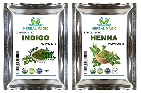 Herbal Magic Organic Henna Powder (100g) + Organic Indigo Powder(100g) for Hair Dye, USDA,Chemical Free Hair Coloring, Natural Hair Mask, Combo Pack,Premium Quality