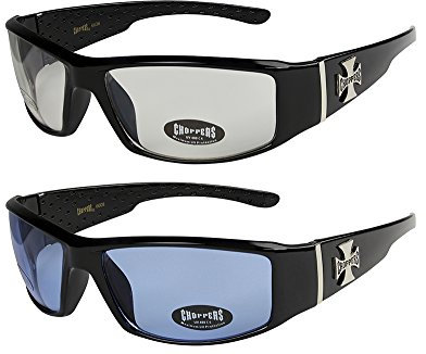 2er Pack Choppers 6608 X0 Sonnenbrillen Herren Damen Brille - 1x Modell 14 (schwarz glänzend/annährend transparent) und 1x Modell 13 (schwarz glänzend/nur ganz gering blau getönt) - Modell 14 + 13 -