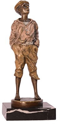 Decoratie Bronzefigur Skulptur Bronzeguss Motiv:pfeifender Junge auf Marmorsockel 8,5x8x20,7cm antik