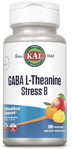 KAL GABA L-Theanine Stress B Lozenge, B Complex Vitamin Supplement, Healthy Relaxation, Mood & Focus Support, Natural Mango Tangerine Flavor, Vegan, 50 Servings, 100 Lozenges