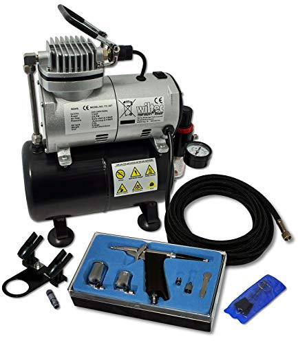 Wiltec Set aerografia Compressore oil free AS186, Aerografo doppia azione, Accessori con tubo e raccordi