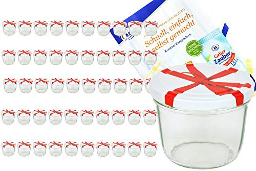 To 82 Lot de 50 bocaux en verre 230 ml Blanc Couvercle avec nœud décor incl. Diamant gelier magique recettes Confiture Bocaux en verre pour conservation de confiture Couvercles dorés Capacité