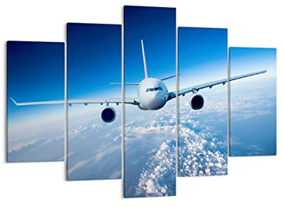 Bilder auf Leinwand 150x100cm Leinwandbild Flugzeug himmel wolken flug Groß XXL Wanddeko Bild Schlafzimmer Set 5 teilige Wandbilder Dekoration Wohnzimmer Canvas Wand Kunstdruck Art EA150x100-2723