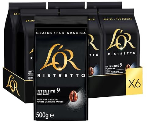 L'OR, 3Kg Café en Grains Ristretto, 100% Arabica, Intensité 9, 6x500g