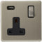 AET SLUSB1GBS Satin Chrome Flat 1 Gang Charging Port Black Insert Metal Rocker Switch-13 Amp Single Screwless Plug Socket & USB Power Outlet