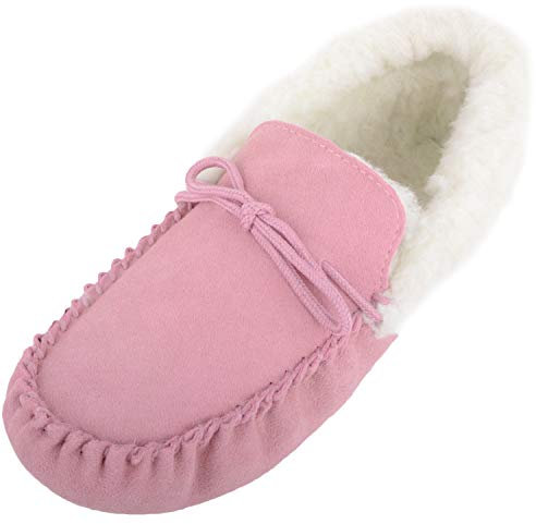 Snugrugs Damen Lammfell Mokassin/Hausschuhe Gummi Sohle, Wolle Manschetten, Pink. EU 39