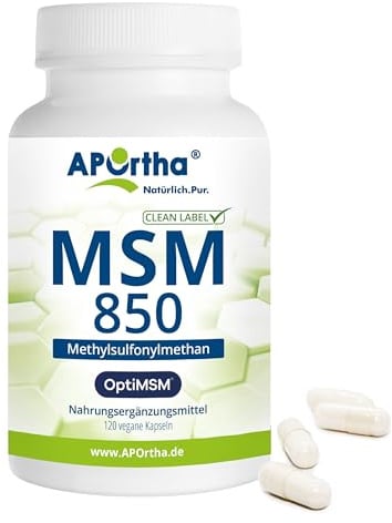 APOrtha® OptiMSM® 850 mg MSM Kapseln, 120 vegane Kapseln | 99,9% reines Methylsulfonylmethan ohne jegliche Zusätze, 850 mg OptiMSM® MSM pro Kapsel, vegan, glutenfrei, lactosefrei