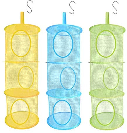 LIVEHITOP 3 Stück Set Mesh Hängender Speicher Korb, Mit S Haken Zusammenklappbare Network Storage Raum speichern Beutel Organisator für Kleine Kleidung (Blau, Grün, Gelb)