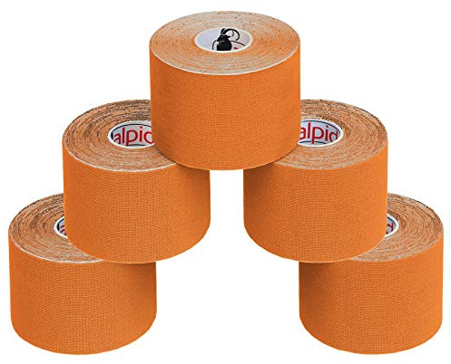 ALPIDEX Kinesiologie Tape Orange 5 Rollen 5 m x 5 cm Physio Sport Set | Physiotape, Muskeltape, elastisch, wasserfest, latexfrei, Baumwolle, Knie, Rücken, Nacken, Schulter, Handgelenk, Ellenbogen