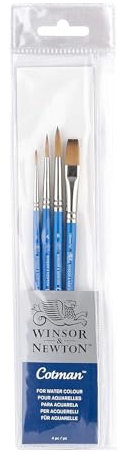 Winsor & Newton, Cotman Watercolour Synthetic Brushes, Short Handle, Pack of 4 (1,4,and 6 Round and 10mm One Stroke)