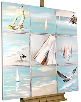 KunstLoft Leinwandbild | 100% HANDGEMALT | 80x80cm | Gemälde 'Fernweh Feeling' | Meer | Blau Silber | Wandbild Wohnzimmer