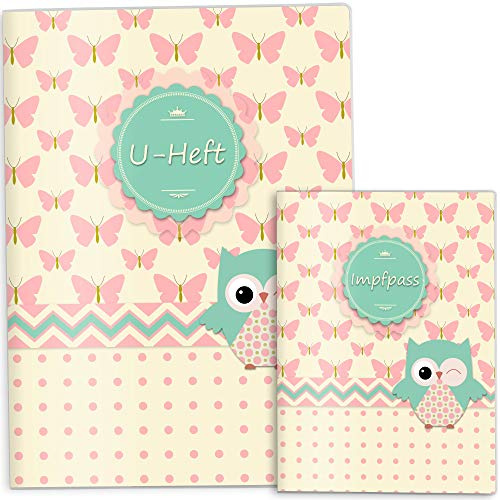 OLGS Hülle für U-Heft + Impfpass, Design Eule Schmetterling Untersuchungsheft Hülle & Impfpasshülle wunderschöne Geschenkidee (U-Heft Set ohne Personalisierung, Thea)