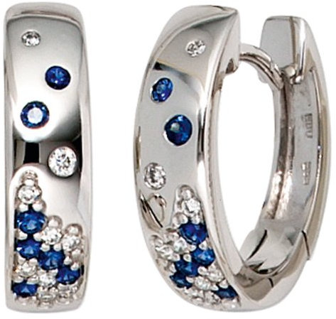 JOBO Creolen 585 Weißgold 18 Diamant-Brillanten 0,10ct. 14 Safire Gold-Ohrringe