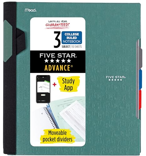 Five Star Advance Spiral-Notizbuch + Lern-App, 3 Themen, liniertes College-Papier, 27,9 x 21,6 cm, 150 Blatt, mit Spiralschutz und beweglichen Trennwänden, Seeglasgrün, 1 Stück (73133 6)