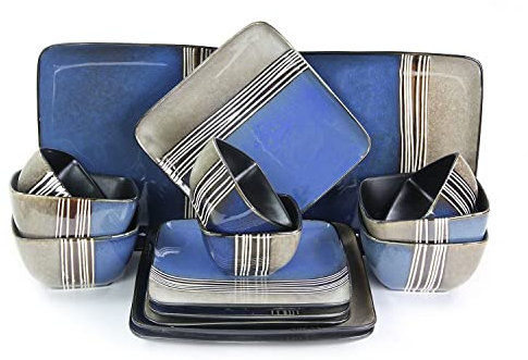 Elama Quadratisches Geschirr-Set aus Steingut, 16-teilig, Blau und Hellbraun mit weißen Akzenten