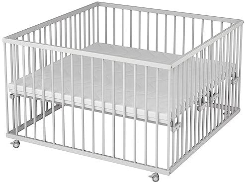 Sämann Laufstall Baby 120x120 cm mit Matratze | TÜV geprüft 2023 | stufenlos höhenverstellbar | Laufgitter Premium | Babybett aus Holz | Krabbelgitter weiß