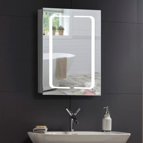 Mood (Neue Design) LED Illuminated Bathroom Mirror Cabinet, 70 x 50 x 15cm, Wire Free Demister Heat Pad, Shaver Socket and Sensor Switch with Lights Certified to British Standards C17-5 Year Guarantee