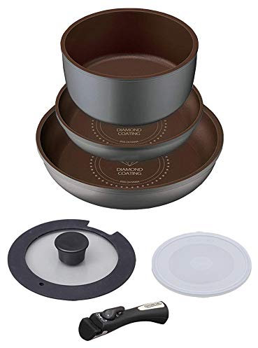 Iris Ohyama H-IS-SE6 Bratpfannen- und Topf-Set, Induktions- und Gasherd, 6-teiliges Set, Diamantbeschichtung, diamantbeschichtete Pfanne, Silber, abnehmbarer Griff, leicht, antihaftbeschichtet,