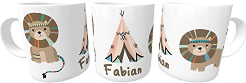 Kilala personalisierbare Kindertasse mit Namensaufdruck aus BPA-freiem Kunststoff mit niedlichem Löwen- und Tipimotiv