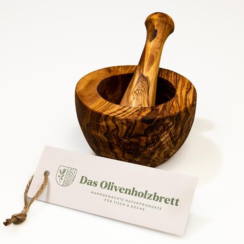 DAS OLIVENHOLZBRETT® Olivenholz Mörser und Stößel glatt/Olivenholzmörser SET/robuster Holzmörser/Gewürzmörser für Pfeffer, Salz, Kräuter, Nüsse etc. aus hochwertigem Hartholz - fein gemasert Ø14cm