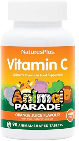 NaturesPlus Animal Parade Sugar-Free Children's Vitamin C Supplement, Natural Orange Flavour - Immune Support and More - Vegan, Gluten Free - 90 Chewable Animal Shaped Tablets