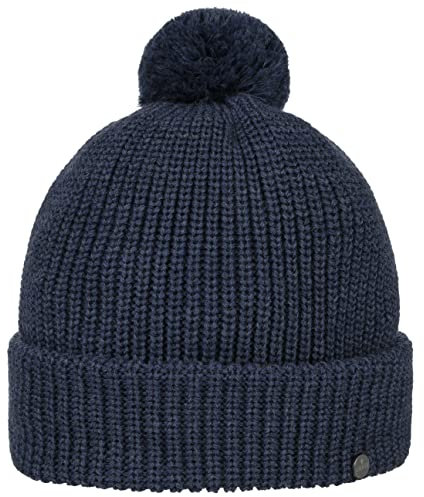 LIERYS Navigat Pudelmütze Damen/Herren - Strickmütze Made in Germany - Bommelmütze aus Schurwolle - Wollmütze mit Umschlag - Mütze Herbst/Winter - Wintermütze One Size 53-60 cm blau One Size