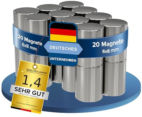 20x Neodym Power Magnet silber | Stabmagnet extra stark lang | Stab Durchmesser 6 mm x 8 mm lang | 20 Neodymium Magnets Strong Long Magnetic Stick | starke Magneten Supermagnet