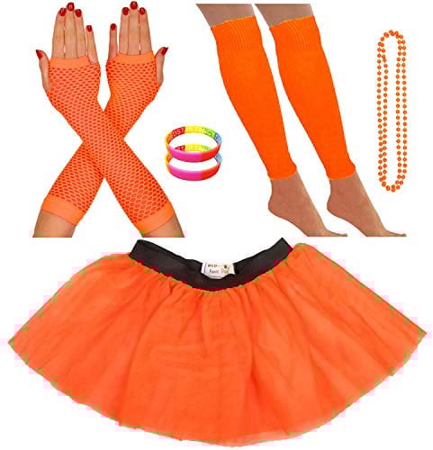 REDSTAR FANCY DRESS® Neon Tutu Skirt Leg Warmers Fishnet Gloves Necklace Beads and Neon Wrist Beads (14-22 UK, Orange)