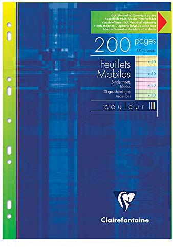 Clairefontaine 175112C Un Étui de Feuillets Mobiles Perforés 4 Couleurs- A4 21x29,7 cm - 200 Pages Petits Carreaux - Papier 90 g - Couleurs Assorties (50 Pages Jaunes, Bleues, Roses et Vertes)