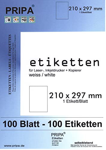B&S .pripa. Etikettenformat 210 x 297, 100 Blatt DIN A4 vollflächig selbstklebende Etiketten