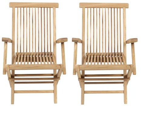 CHARLES BENTLEY Teak Wooden, Pair of Folding Timber Arm Chairs, Foldable, Garden Seats, Outdoor Furniture, Easy To Fold, Lightweight, Slatted Design, Sustainable Materials, Compact (89x48x40cm)