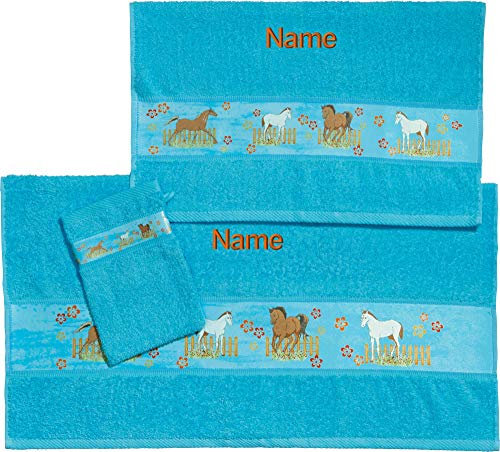 Erwin Müller Kinder-Handtuchset, Frottier-Set 3-TLG. mit Namen personalisiert türkis Größe 70x110 cm + 50x70 cm + 15x21 cm saugstark, 1 Handtuch, 1 Badetuch, 1 Waschhandschuh - 100% Baumwolle