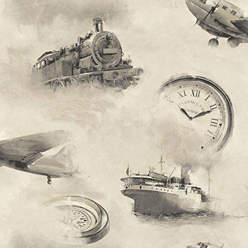 HT17201 - Hit the Road Cream & Grau-Dampf-Lokomotive, Flugzeug, Schiff Tapete