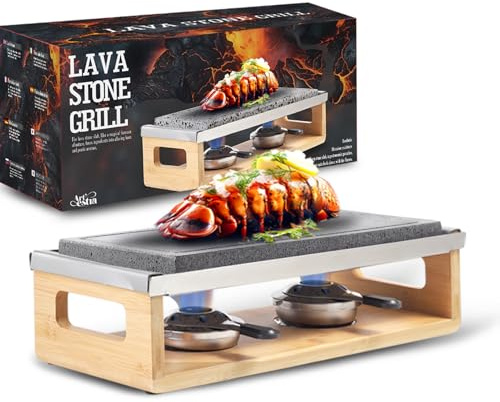 Artestia Steak Lava Stone Table Grill for Meat with Bamboo Stand, Smokeless BBQ Grill with Fast Heating Natural Lava Cooking Stone, Ideal for Dinner and Family Fun, Two Rechauds (14.56*6.69)