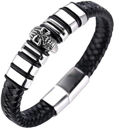 HALUKAKAH ● Assassin ● Men's Genuine Leather Bracelet Titanium Skull Head Magnetic Clasp 8.46/21.5cm with Free Giftbox