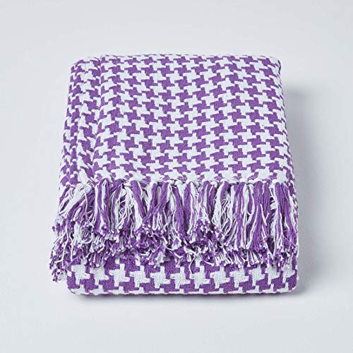 HOMESCAPES Large Purple Houndstooth Throw 90 x 100 Inches or 228cm x 254cm, 100% Cotton Bed Throw Blanket for Single, Double and Queen Sized Beds