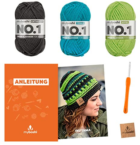 myboshi Häkelset Mütze Inuyama, inkl. No.1 Wolle, Nadel und Anleitung, für Mützen und Schals, Häkelpaket, 30% Merinowolle Grün mit Häkelnadel