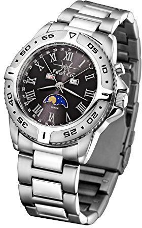 FIREFOX Mondphasenuhr FFS01-502 schwarz massiv Edelstahl Damenuhr Herrenuhr Armbanduhr Sicherheitsfaltschließe 10 ATM wasserdicht